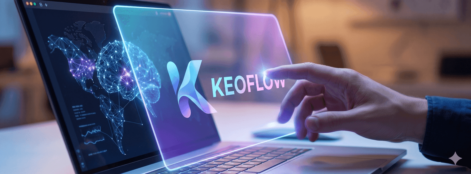 Ordinateur portable affichant l'interface holographique KEOFLOW avec un cerveau numérique et une carte du monde connectée